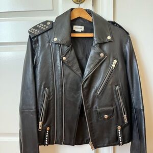 Zadig & Voltaire Black Leather Studded Moto Jacket with Silver Hardware